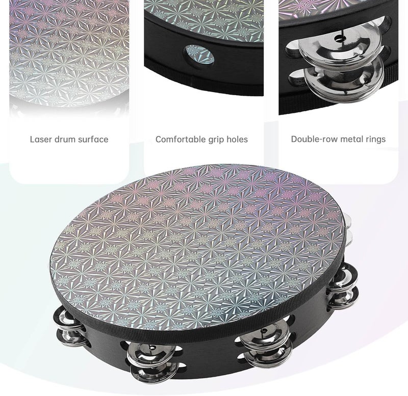 REMAGIC Wooden Tambourine for Adults, Hand Held Drum Bells 2Pcs, 8 inch Handbell Tambourine Drums for Church Party with Drumhead, Double Row Jingles Percussion Musical Educational Drum Instrument - Image 2